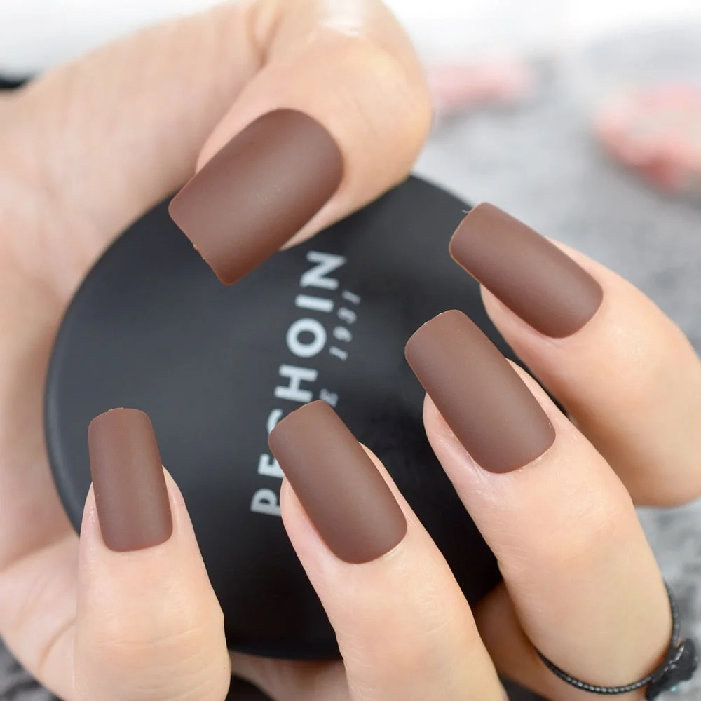 Chocolate Brown Fake Nails Matte Frost Full Nails Long Square Nail Art Decoration Tips with Glue Sticker in 10 sizes-Nail Inspo