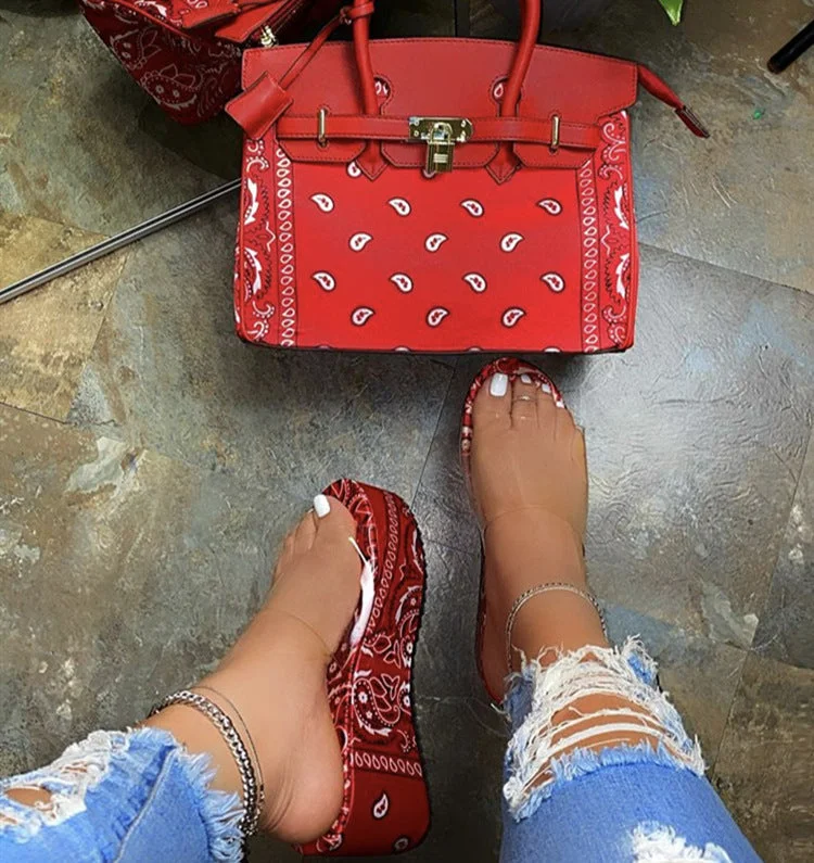Bandana Print Lock Handbag/Thick Bottom Slides Set F2118