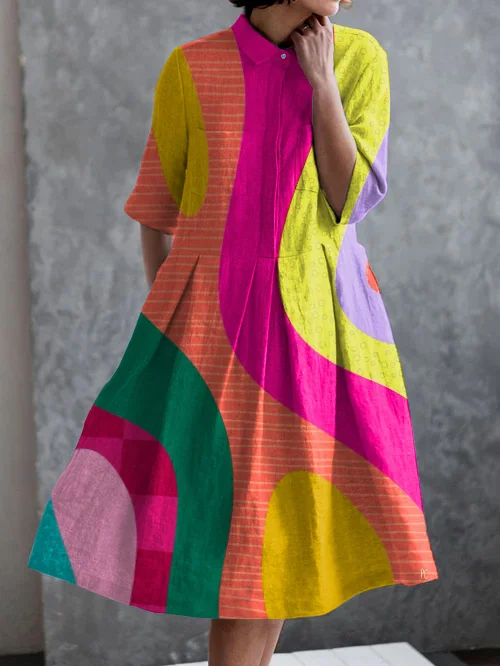 Retro Geometric Abstract Print Casual Pocket Half Sleeve Dress