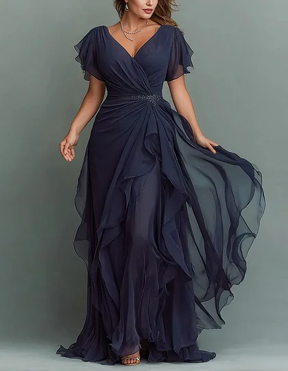 solid color flowy dress Mia's Solid Color V-Neck Slit Slim Maxi Dress