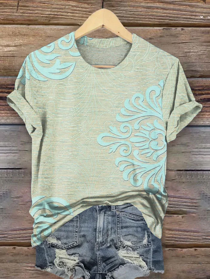 Vintage Turquoise Color Floral Print T-shirt