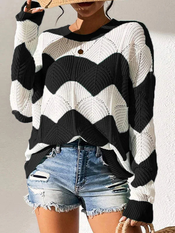 Athvotar Athvotar Yang Autumn New Fur Women's Loose Round Collar Hit The Striped Long-Sleeved Knitted Shirt Top