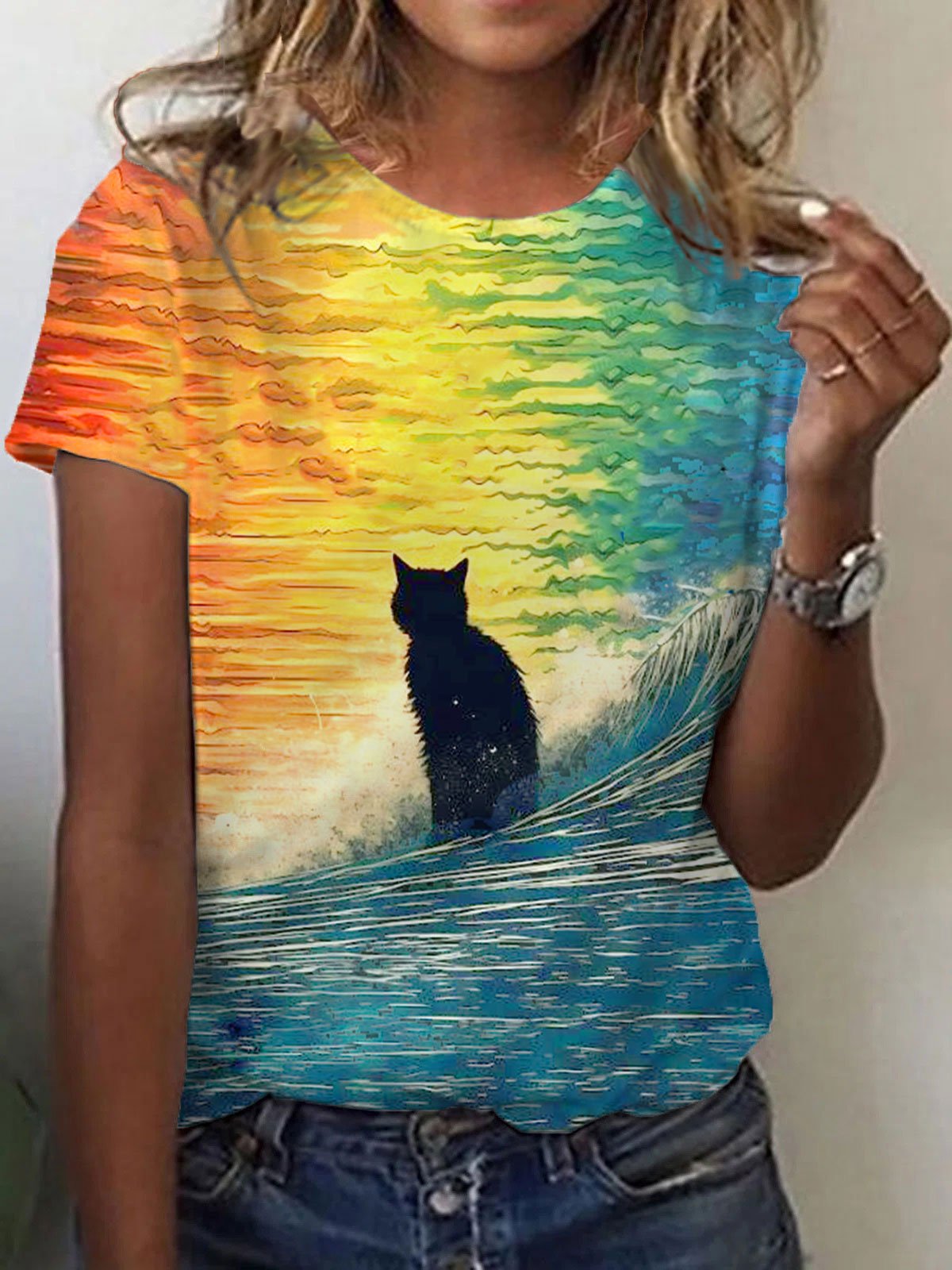Women's Blue Wave and Cat Print T-Shirt
