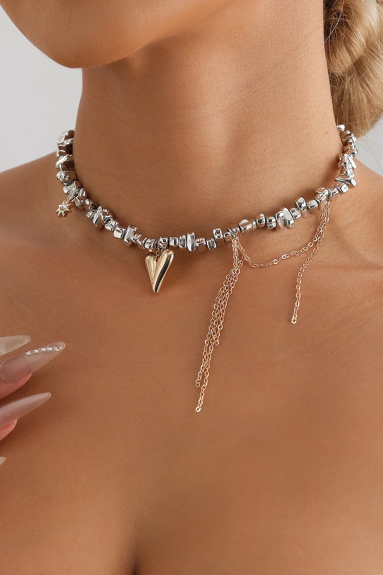 Heart Pendant Chain Decor Alloy Irregular Beaded Necklace