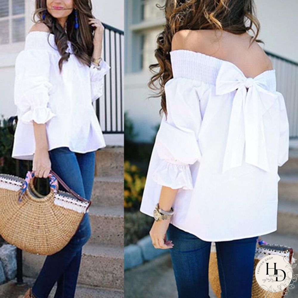 Women Sexy Off Shoulder Strapless Bowknot Slash Neck Shirts Casual Loose Plus Size Blouse Tops
