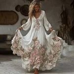 Women's Vintage Pink Floral Embroidery Art Comfy Linen Maxi Dress - Image 2