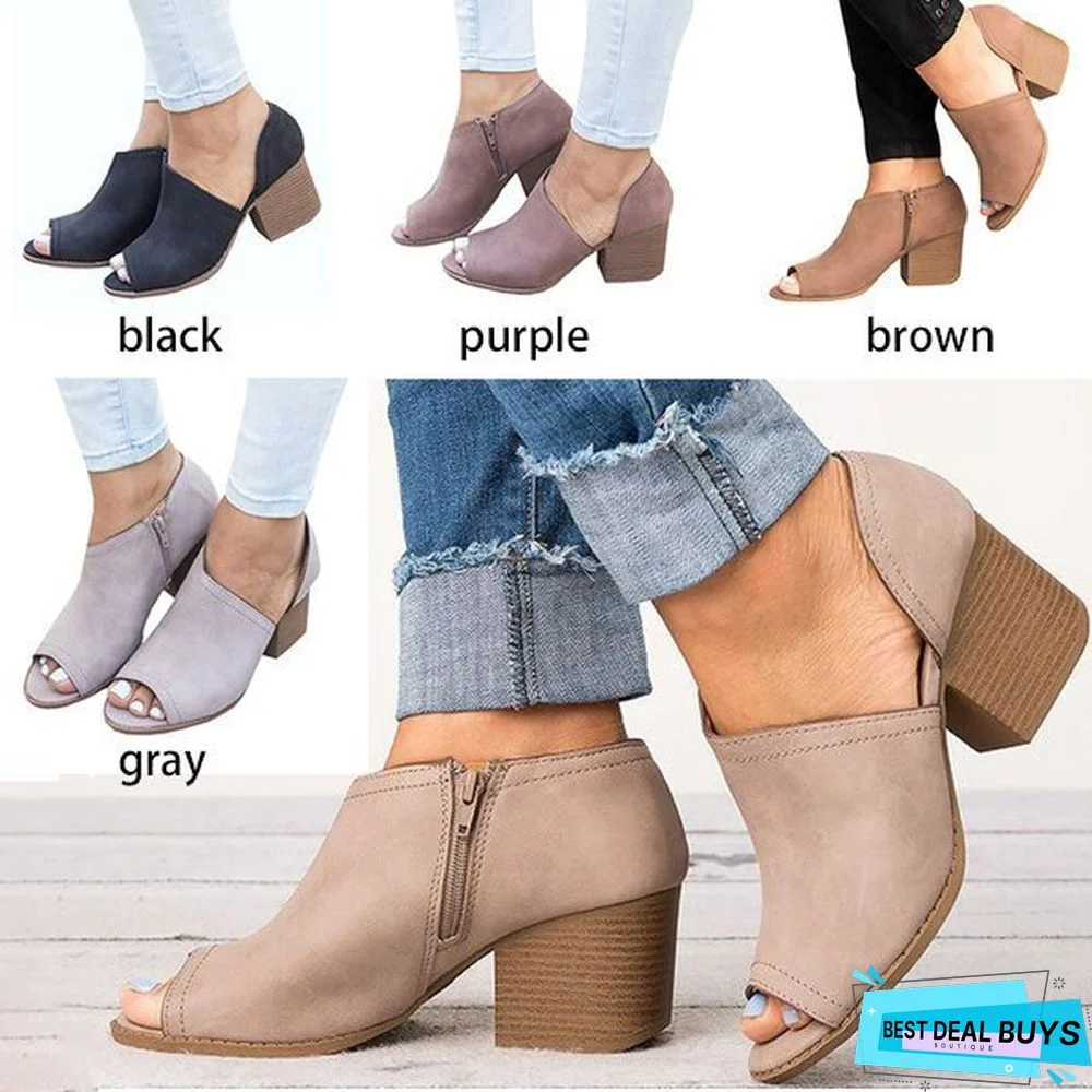 Peep Toe Zipper Pu Chunky Pumps