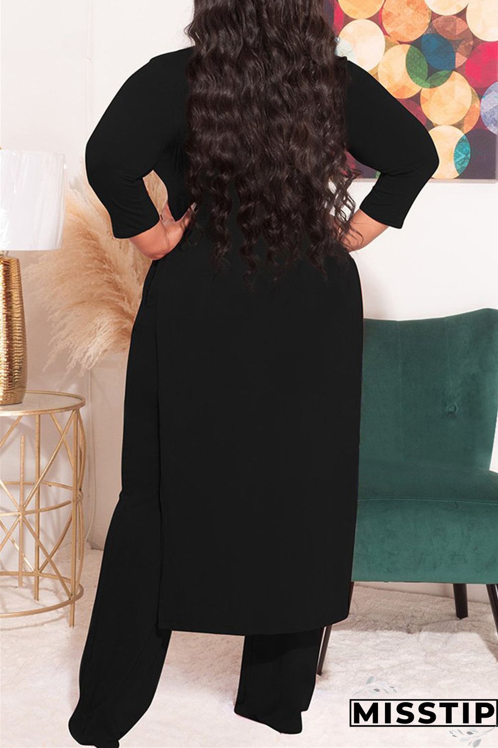 Blue Fashion Casual Solid Slit O Neck Plus Size Two Pieces