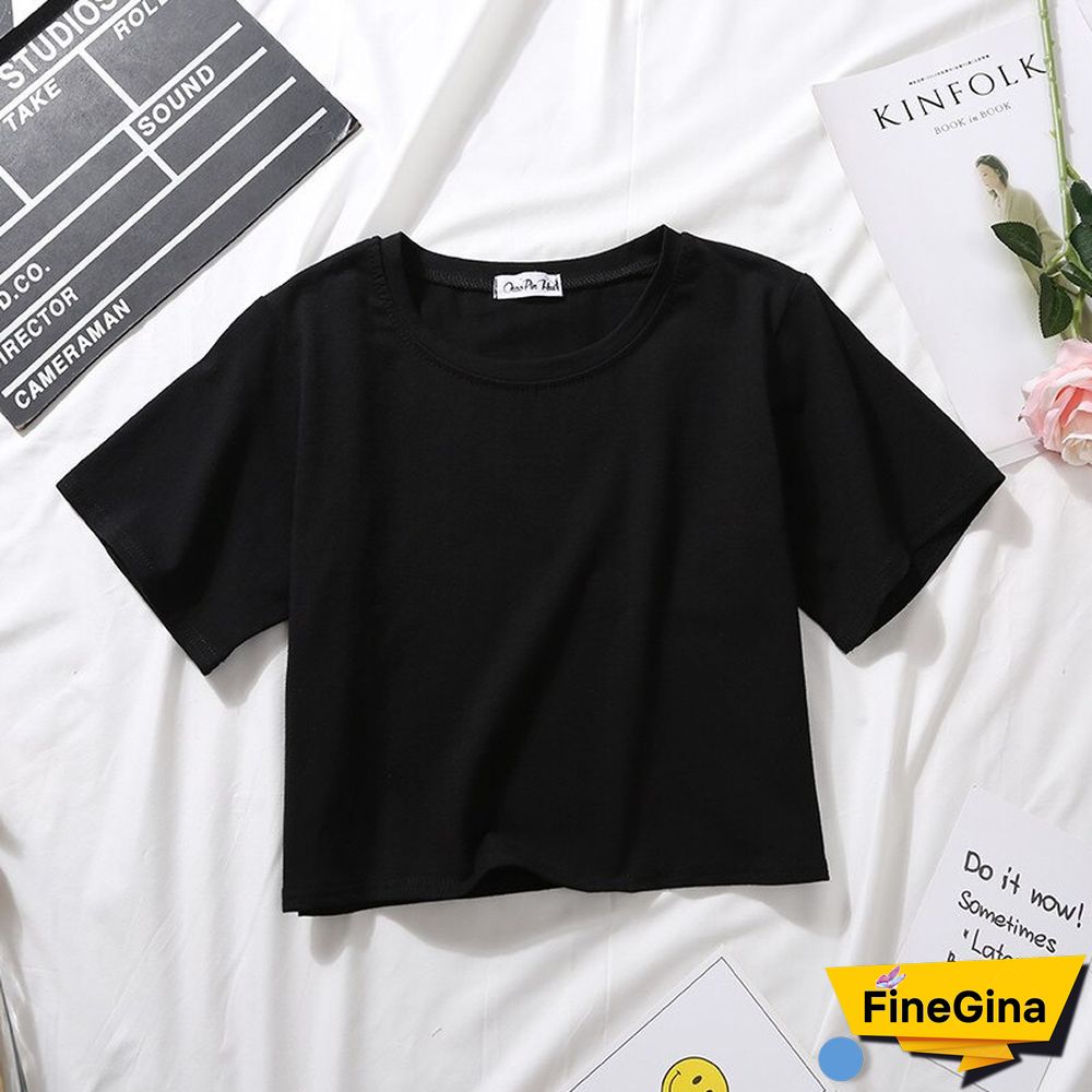 Summer Short Sleeve T Shirts Women Cotton Solid T-shirt O Neck High Waist Crop Top Tee Female Casual Loose T Shirt