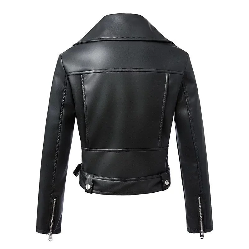 FTLZZ New Autumn Winter Fashion Women Black Faux Leather Jackets Zipper Basic Coat Turn-down Collar Biker Jacket With Blet