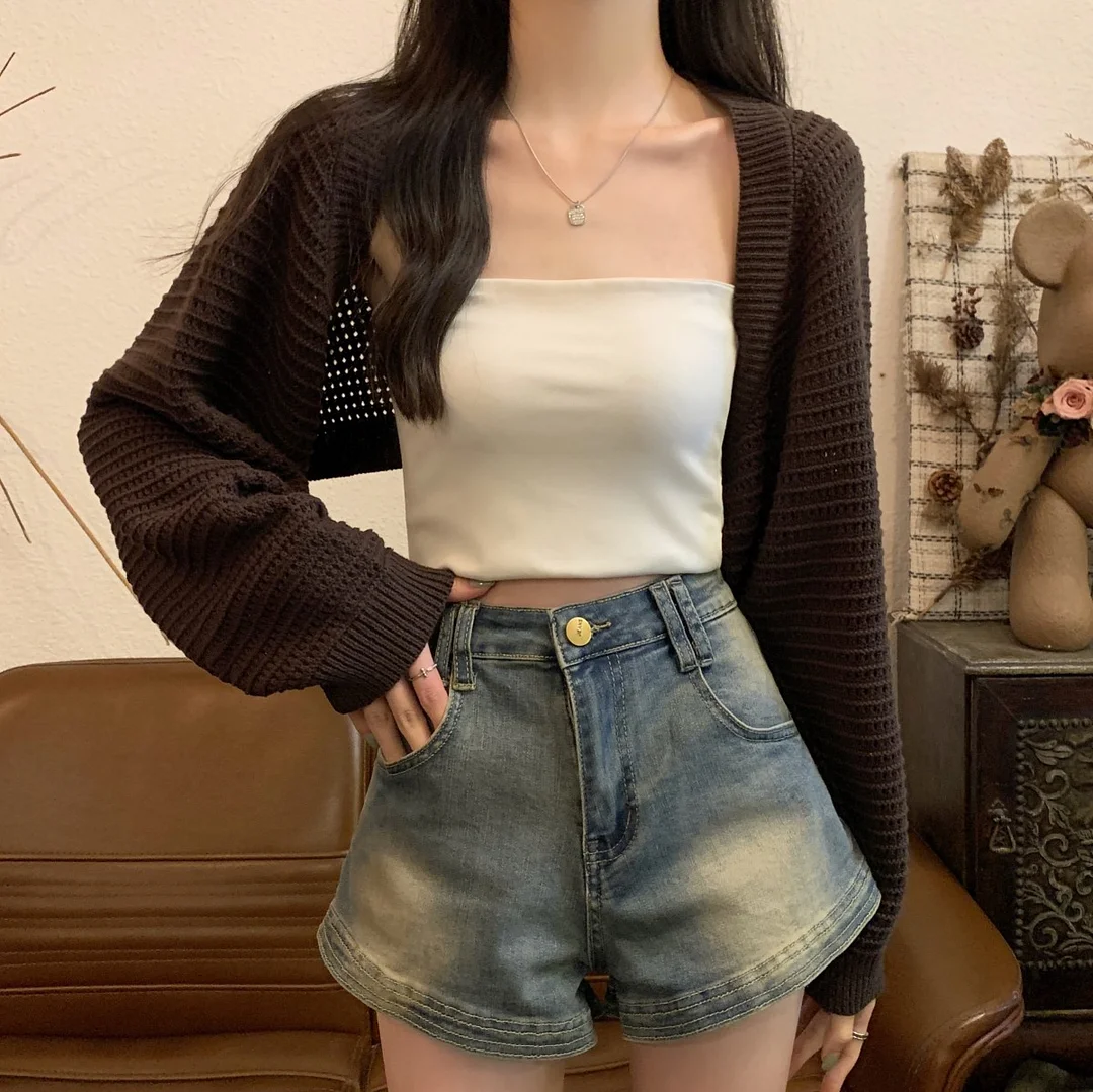 Uveng Uveng Version Of Fashion Loose Hollow Out Short Jacket Cardigan Long Sleeve Sunscreen Knitting Women 2023 Summer New Coat Tide