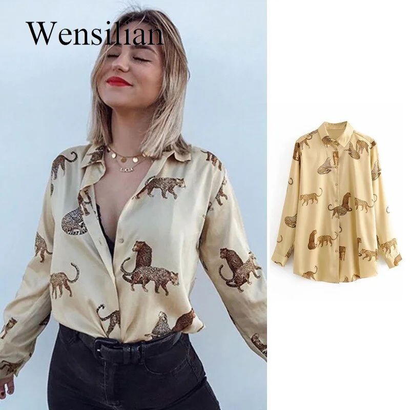 Women Satin Blouse Long Sleeve Zebra Print Shirts Vintage Office Ladies Tops Femme 2021 Fashion Loose Blusa De Mujer Casual