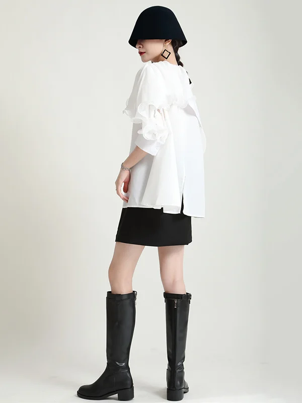 Stylish Asymmetric Split-Joint Falbala Blouse with Belted Half Sleeves