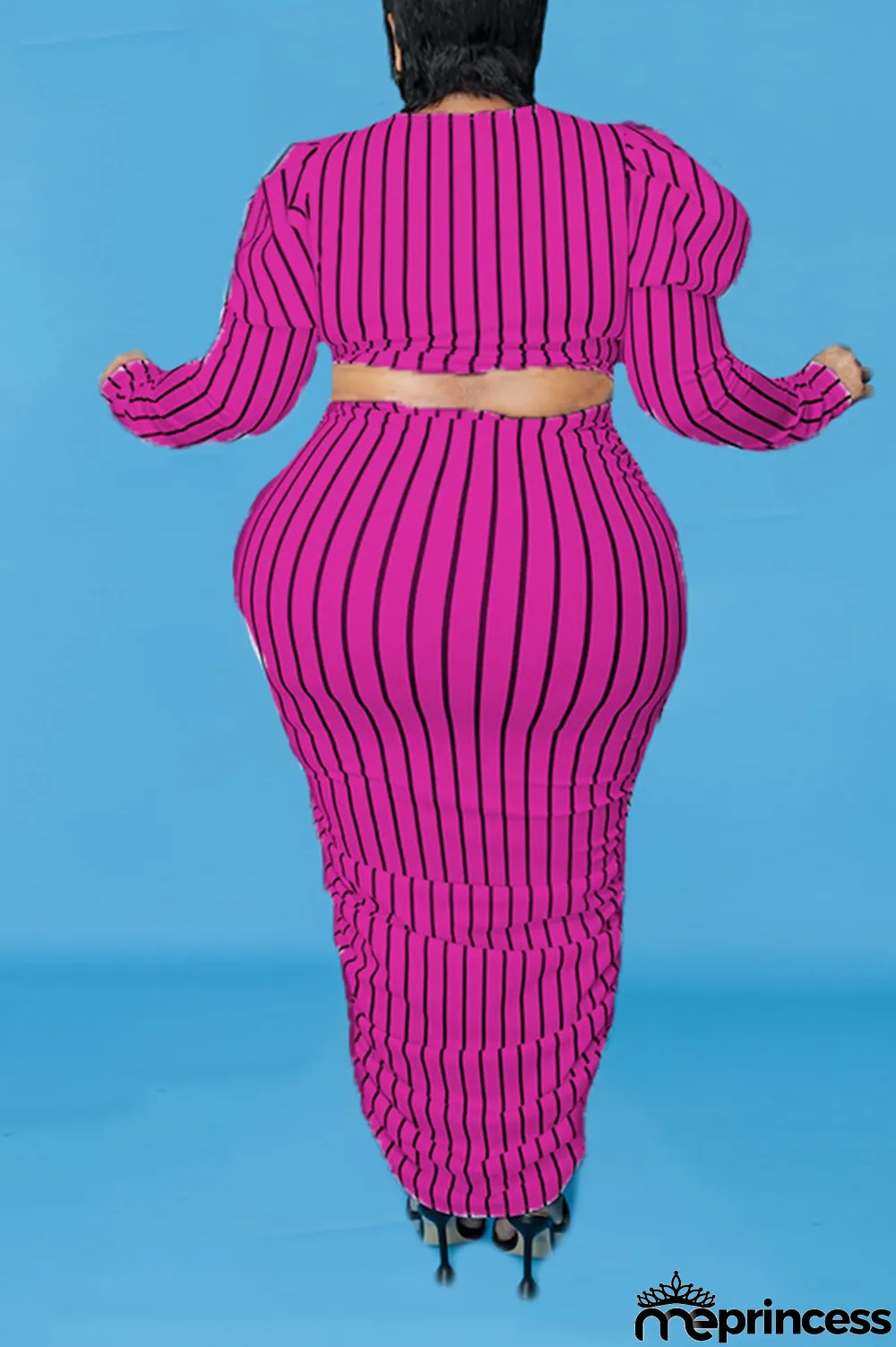 Yellow Casual Striped Split Joint O Neck Pencil Skirt Plus Size Two Pieces