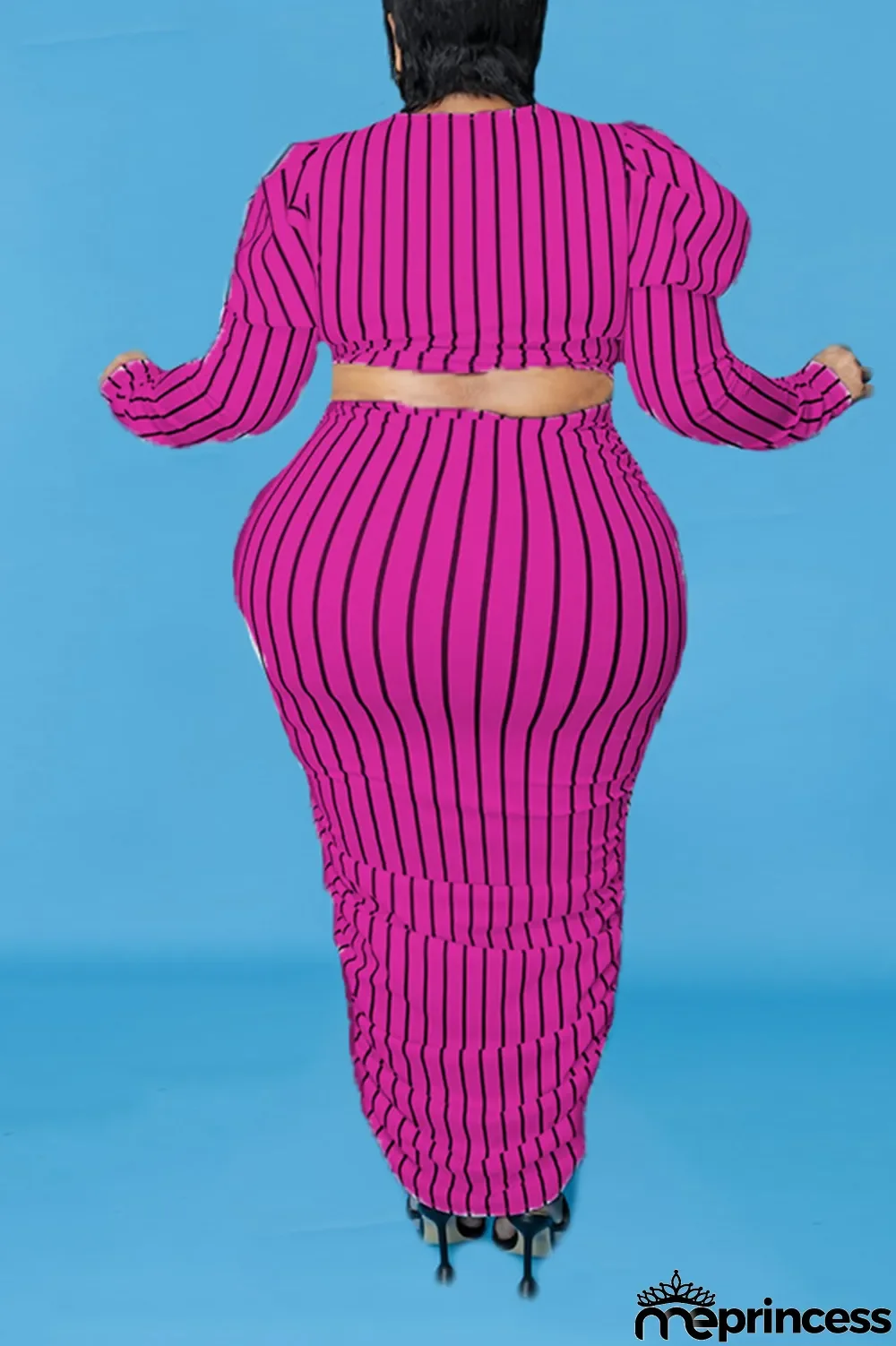 Yellow Casual Striped Split Joint O Neck Pencil Skirt Plus Size Two Pieces