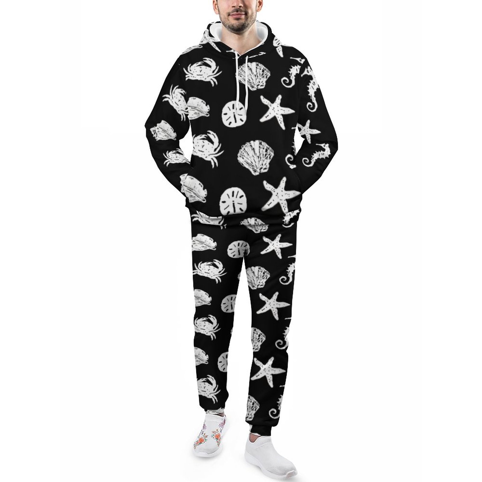 Black And White Nautical Sea Creatures Beach Theme Men's Sweatsuits Set Casual Athletic Pullover And Sweatpants Suit Outfit