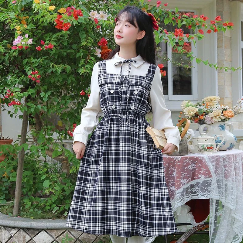 Mock Two-Piece Long-Sleeve Collared Plaid Midi A-Line Dress WE12