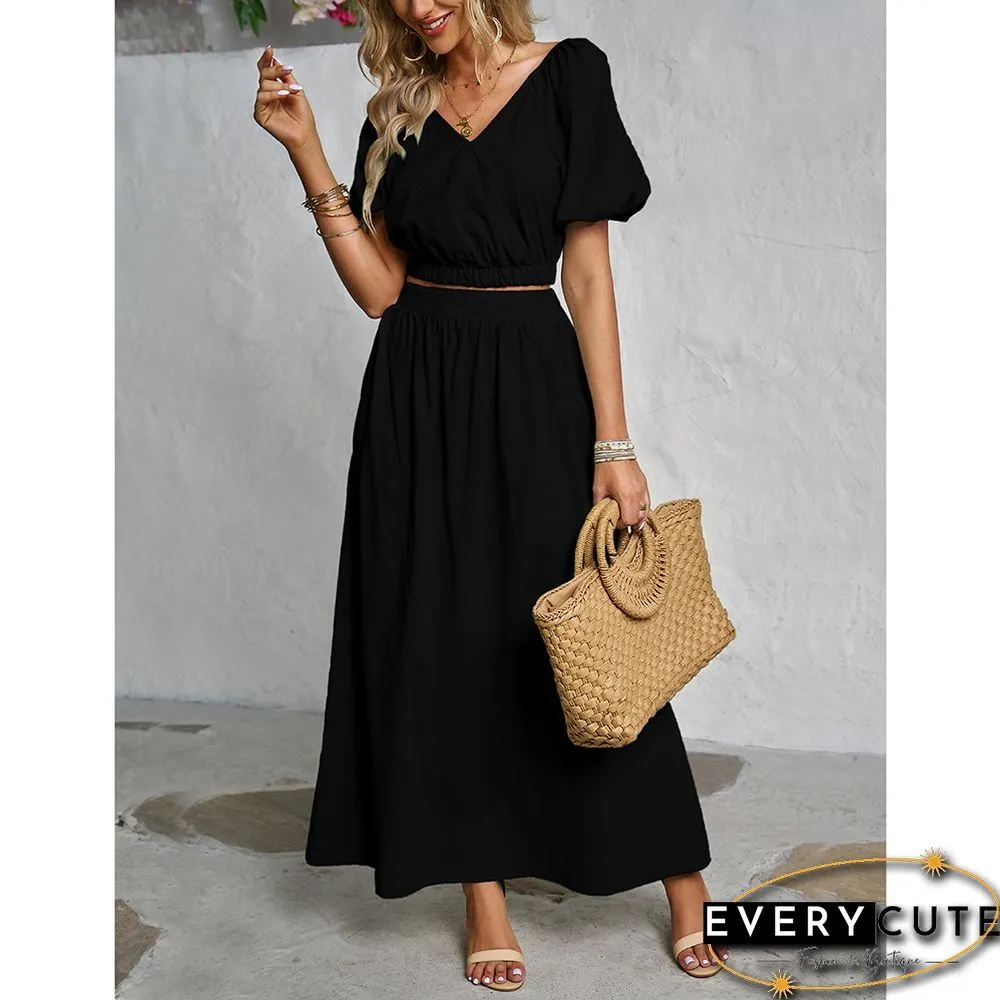 Black V Neck Crop Top and Pocket Skirt Set