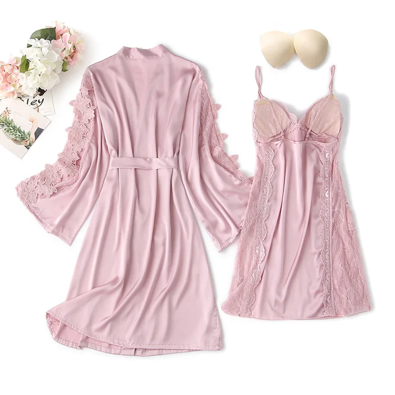 Sellsworld 2PCS Lace Flower Robe Gown Set Sexy Women Satin Nighty Bathrobe Strap Nightgown Sleep Suit Summer Bride Wedding Kimono Sleepwear