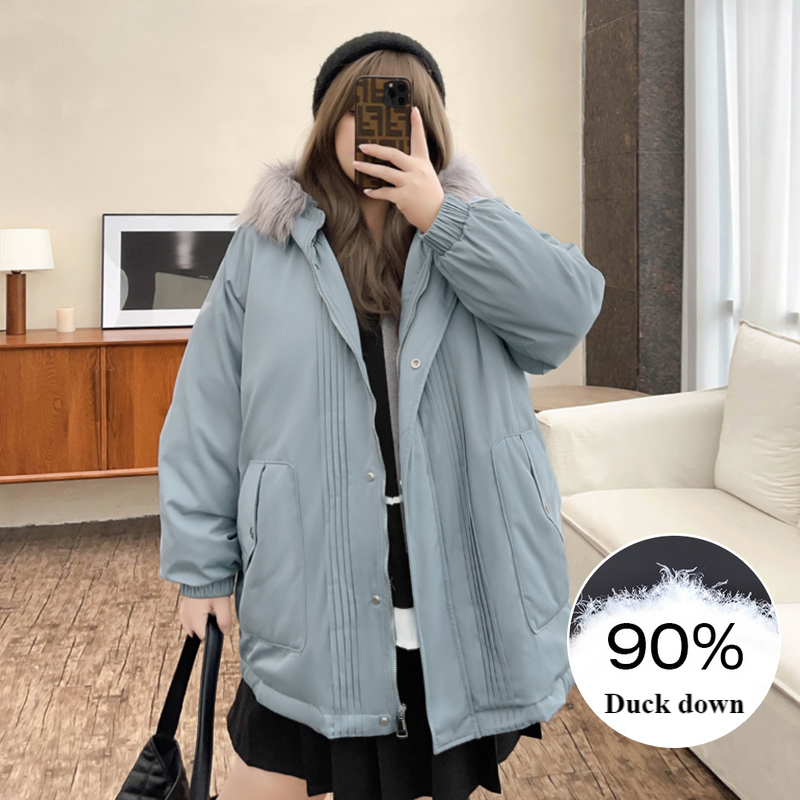 90% White Duck Down Detachable Fur-Trim Hooded Winter Plus Jacket for Women