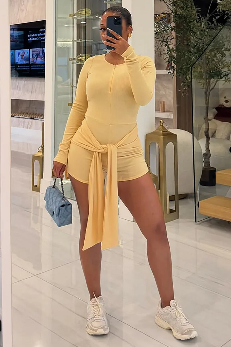 Ruched Tie Up Sash Patchwork Long Sleeve Playsuit Romper-Yellow [Pre Order]