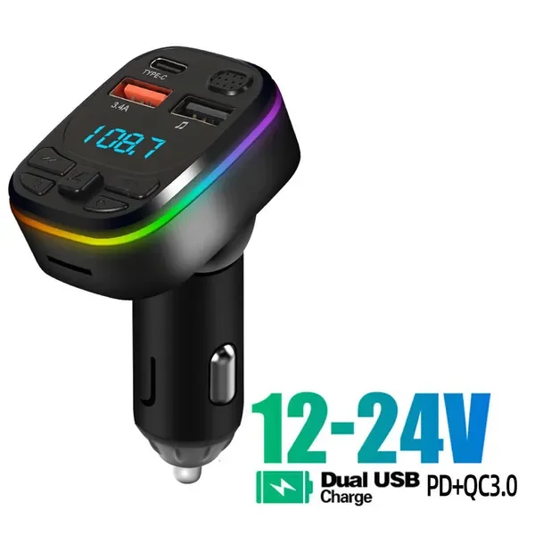 New Other Auto Electronics Car Bluetooth 5.0 FM Transmitter Type-C Dual USB 3.4A Fast Charger LED Backlit Atmosphere