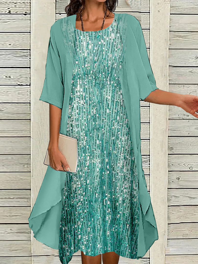 Women's Half Sleeve Scoop Neck Graphic Printed Two Pieces Midi Dress