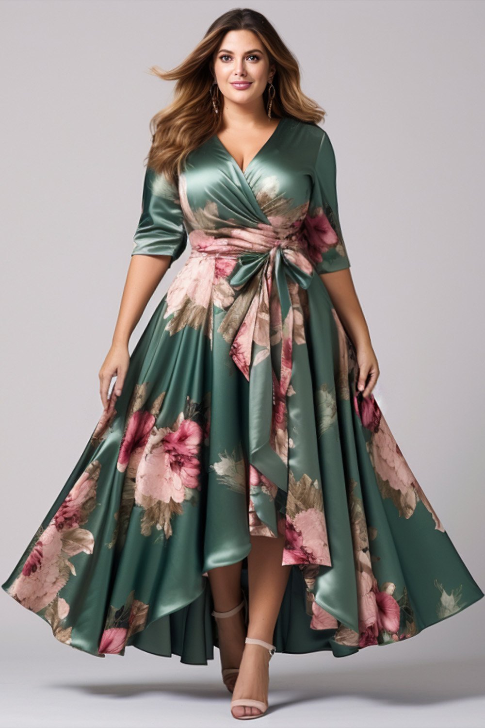 Flycurvy Plus Size Wedding Guest Green Satin Floral Print Wrap High Low Hem Half Sleeve Maxi Dress 2024 - Flycurvy 