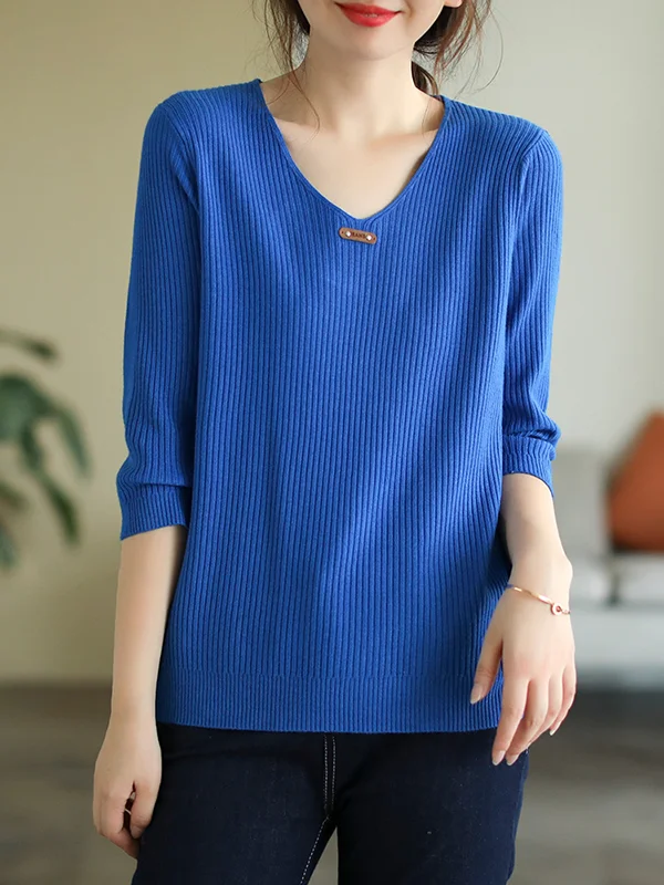 Casual Long Sleeves Loose Solid Color V-Neck Pullovers