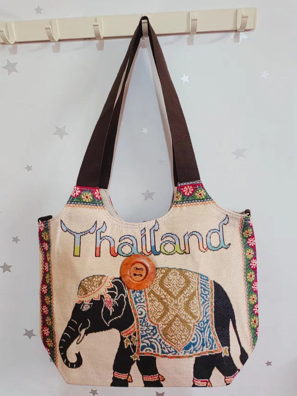 Women’s Large Canvas Elephant Ethnic Style Square Zipper Shoulder Bag