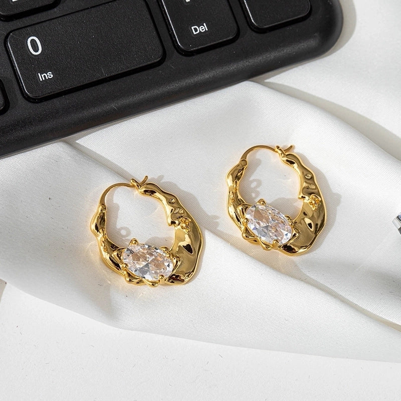 Temperament Zircon Irregular Brass Electroplated Real Gold Ear Buckle Niche High-end Retro French Earrings