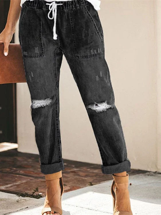 Women plus size clothing Women Solid Pockets Hole Jeans-Nordswear