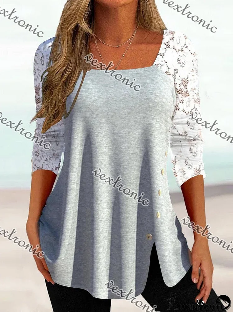 Women Long Sleeve U-neck Lace Tops