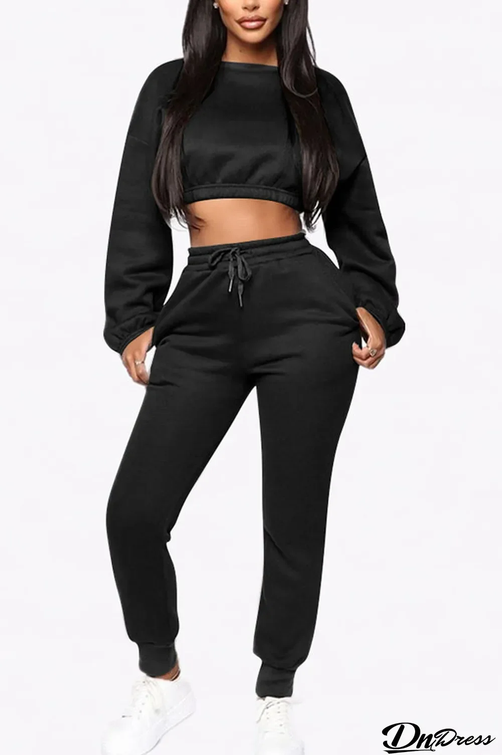 Black Polyester Casual Two Piece Suits Patchwork Solid Straight Long Sleeve Two-piece Pants Set