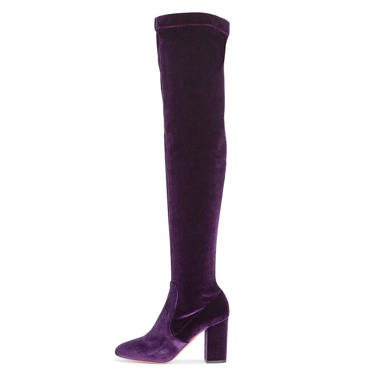 Violet Velvet Chunky Heel Boots Over-the-knee Boots |FSJ Shoes