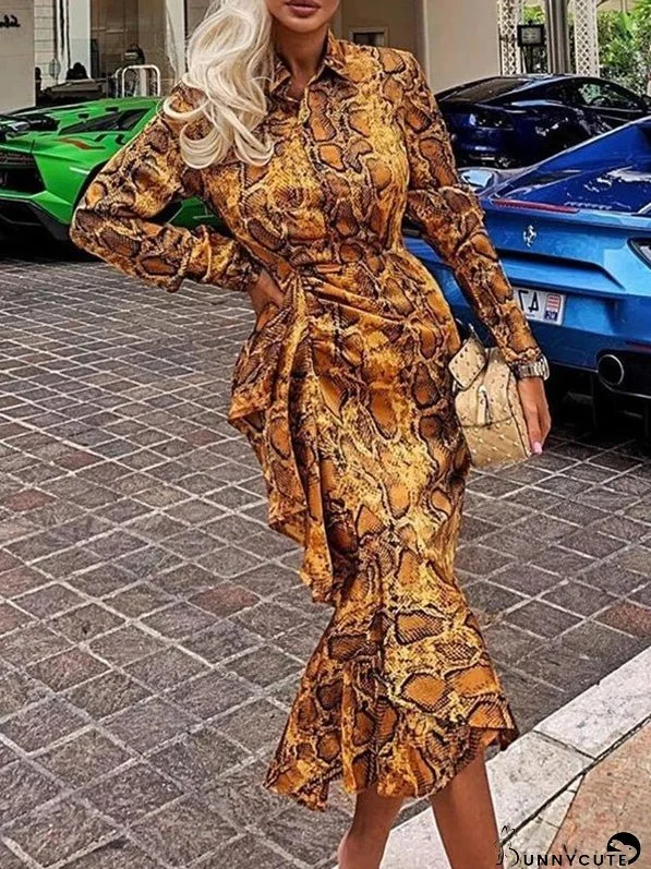 Dresses Lapel Long Sleeve Fishtail Print Dress for Women