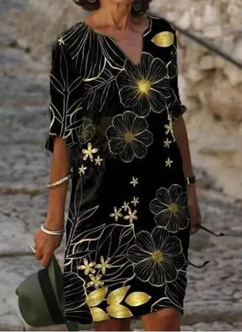 V-neck Line Print Loose Short Sleeve Shift Dress