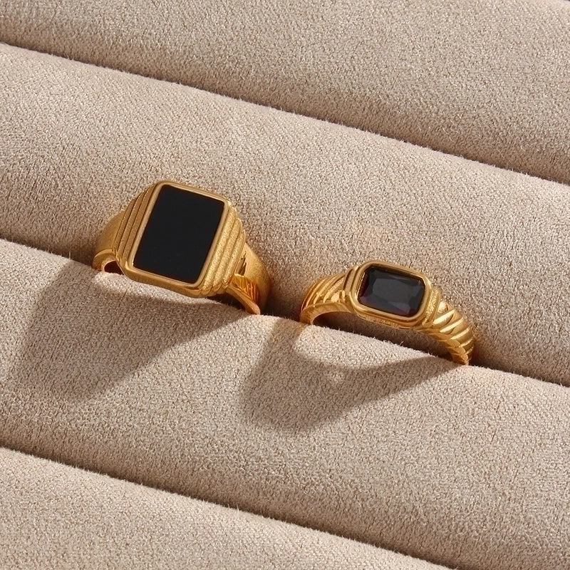 Vintage Style Square 304 Stainless Steel Zircon 18K Gold Plated Inlay Rings