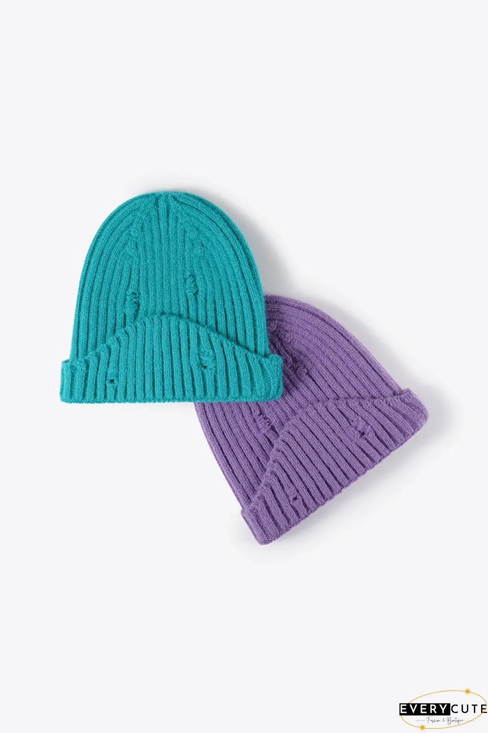 Distressed Rib-Knit Beanie