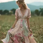 Bohemian Retro Countryside Style Plant Flower Design Women's Linen Dress - Image 2