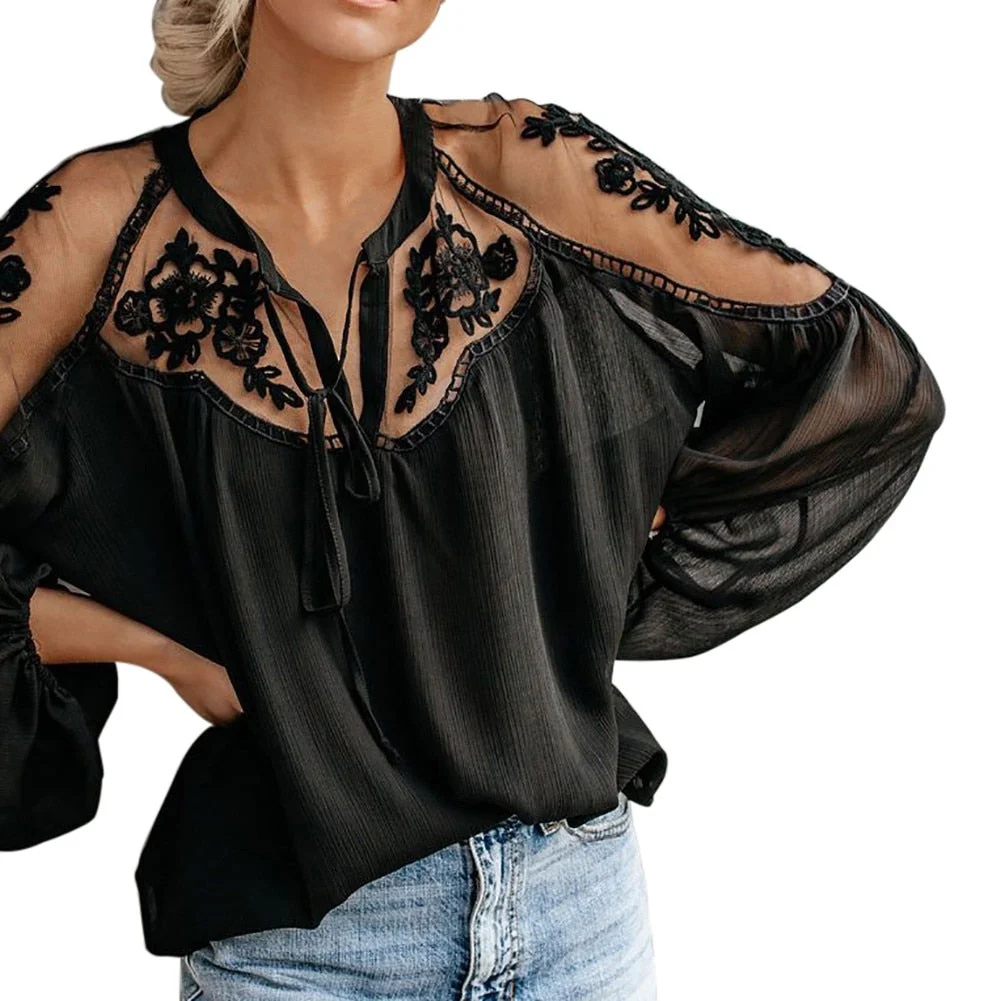 Sexy Lace Mesh Shirt Embroidery Patchwork Women Casual Long Sleeve Tops Chiffon Blouse Ladies Loose Tops Shirts Female Blusas