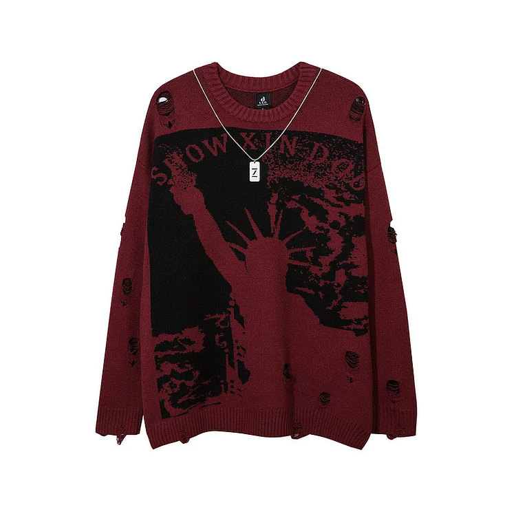 High Street Liberty Avatar Letter Jacquard Knitted Sweater Loose Ripped Sweater at Hiphopee