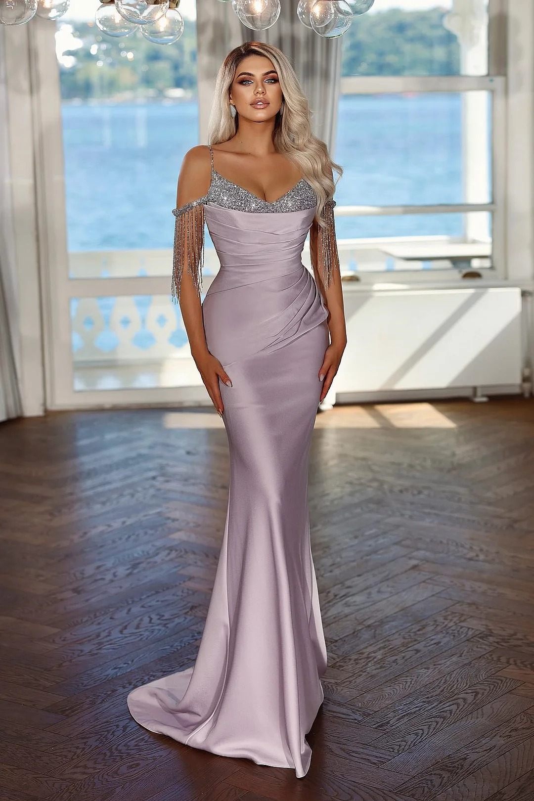 Elegant Lavender long evening dress prom dress Spaghetti strap with Pleated Sequins Tassel