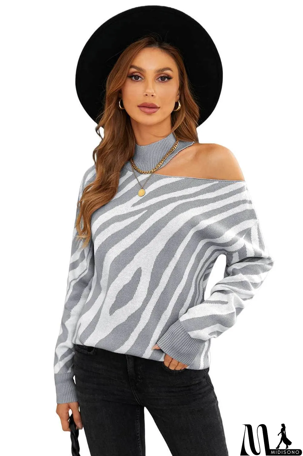MidiSono - Gray Zebra Print Mock Neck Cold Shoulder Sweater