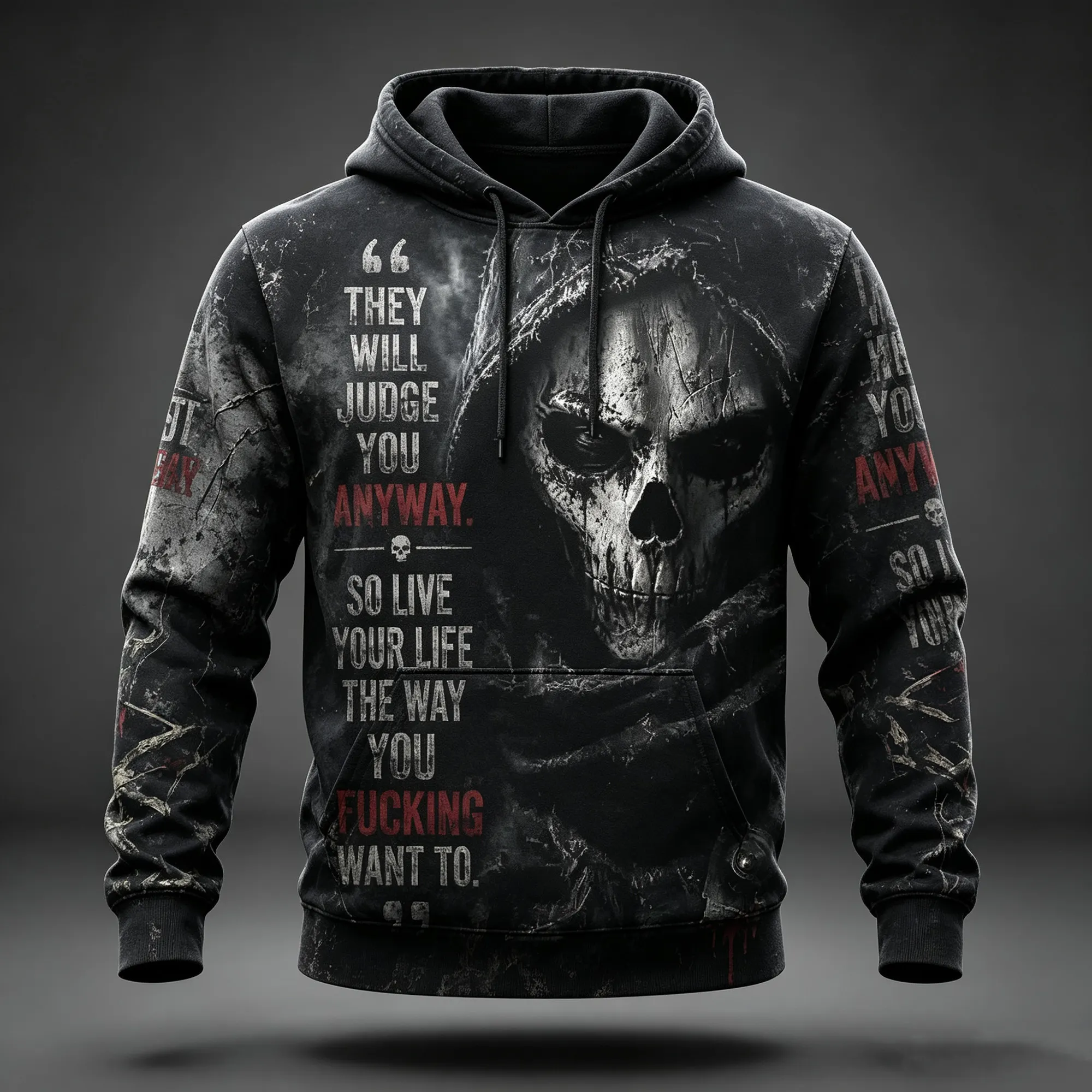 Retro Distressed Gothic Dark Aesthetic Death Skull Slogan Hoodie  artssus