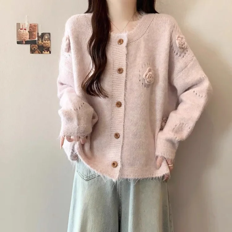 Athvotar Athvotar Small Fresh Three-Dimensional Flowers Knitted Shirt Women Autumn And Winter New Design Sense Age-Sensitive Sweater Coat Women