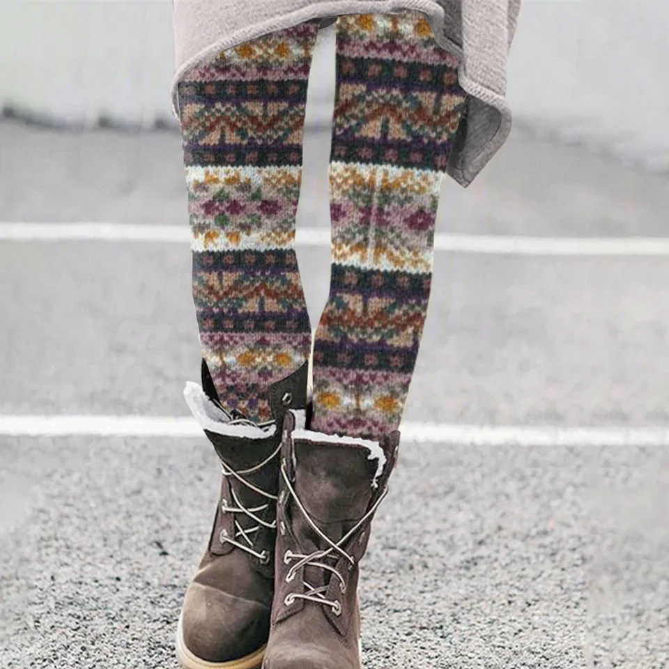 Vintage Floral Colorblock Patchwork Cozy Knit Leggings