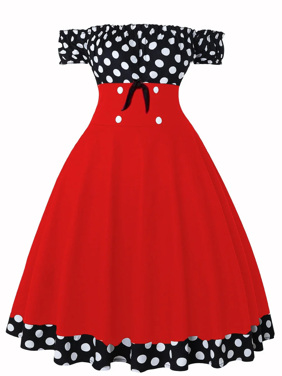 Retro Dress For Women A-Line Polka Dot Off The Shoulder Paneled Dress
