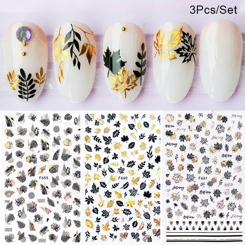 1 Sheet iridescent Nail Sticker Black leave 3D Transfer Beautiful Nail Decals Decoration Summer Popupar DIY Nail Design