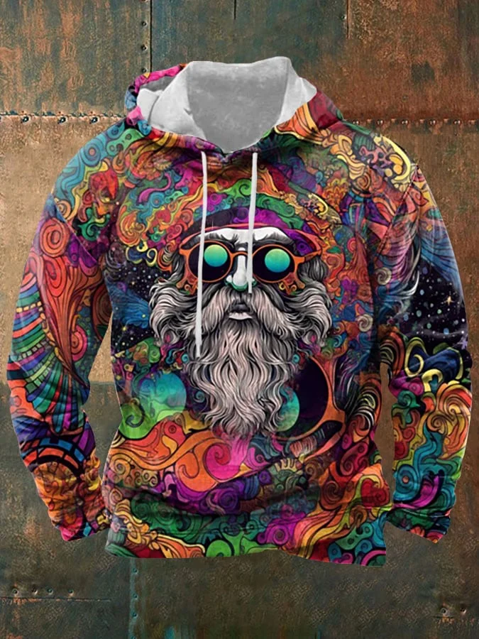 Men's Retro Hippie Santa Print Hoodie